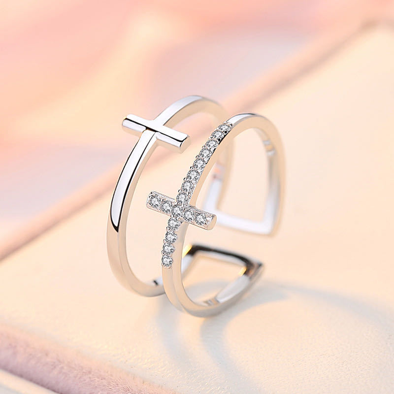 Double Cross Inlaid Zircon Ring